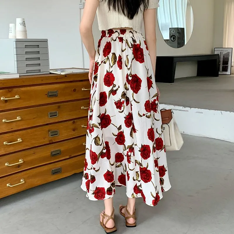 Ladylike Versatile Floral Full-Skirt Style Elastic Waist Skirt