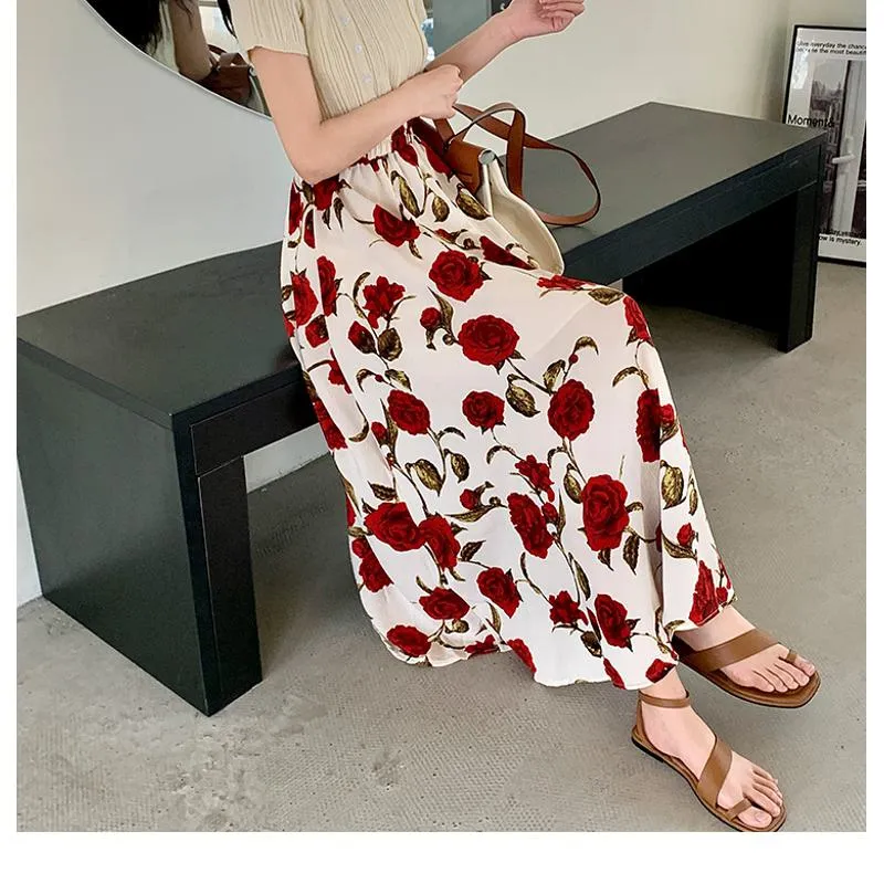 Ladylike Versatile Floral Full-Skirt Style Elastic Waist Skirt