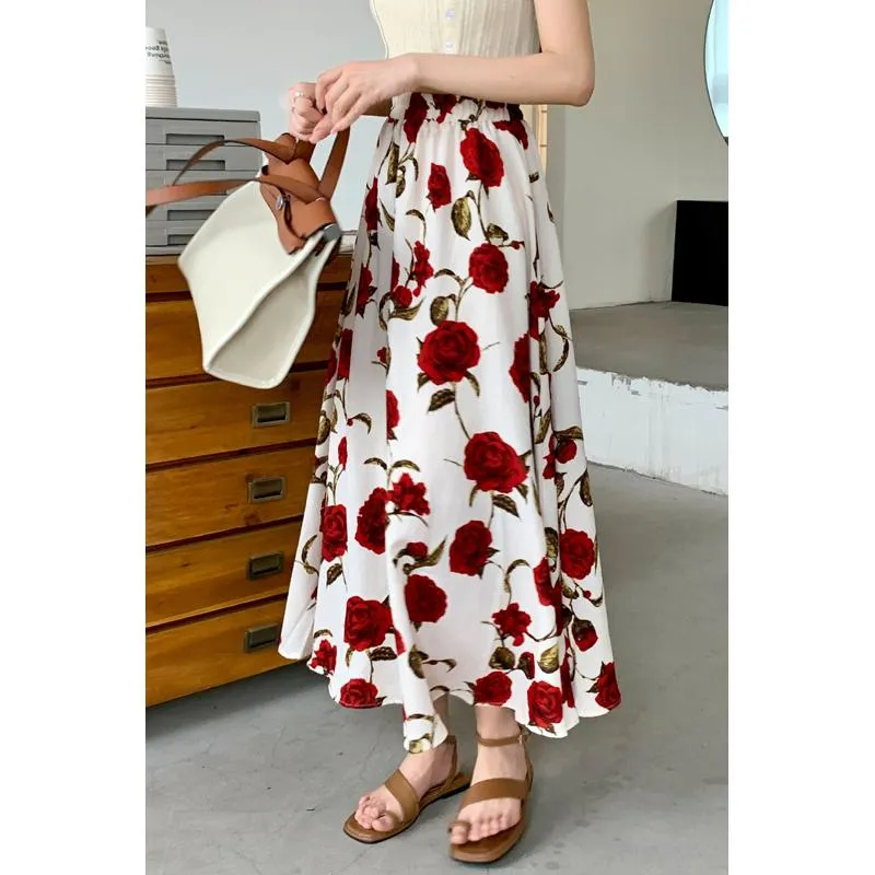 Ladylike Versatile Floral Full-Skirt Style Elastic Waist Skirt