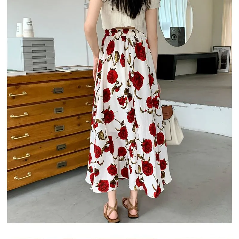 Ladylike Versatile Floral Full-Skirt Style Elastic Waist Skirt