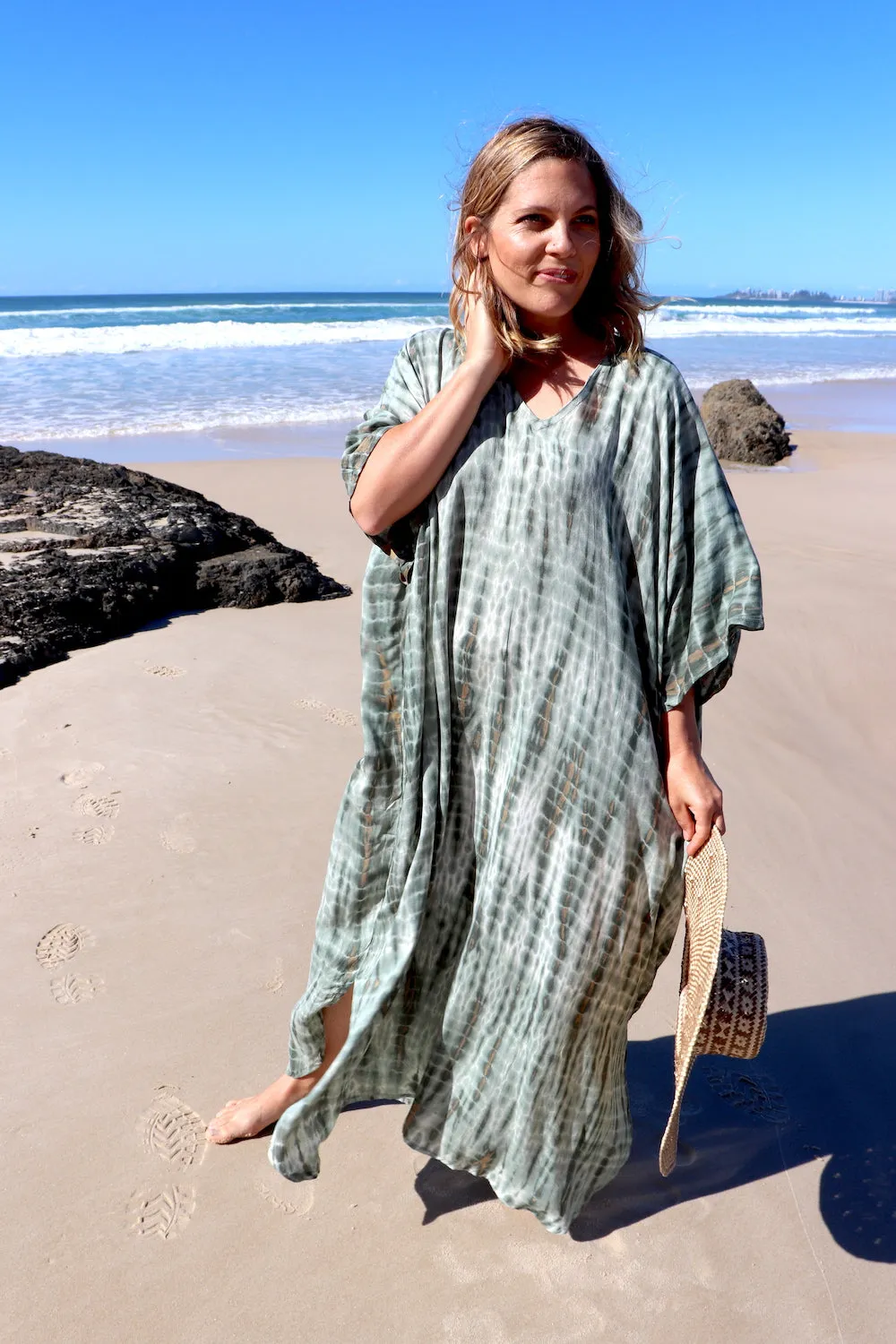 Long Kaftan In Olive Raindrop