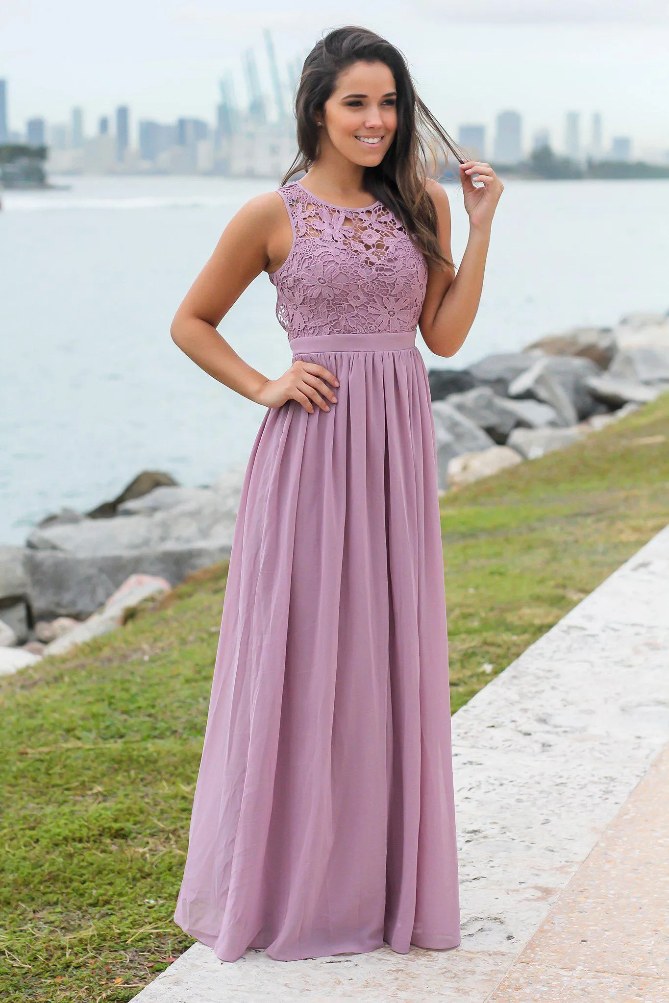 Mauve Crochet Maxi Dress with Open Back