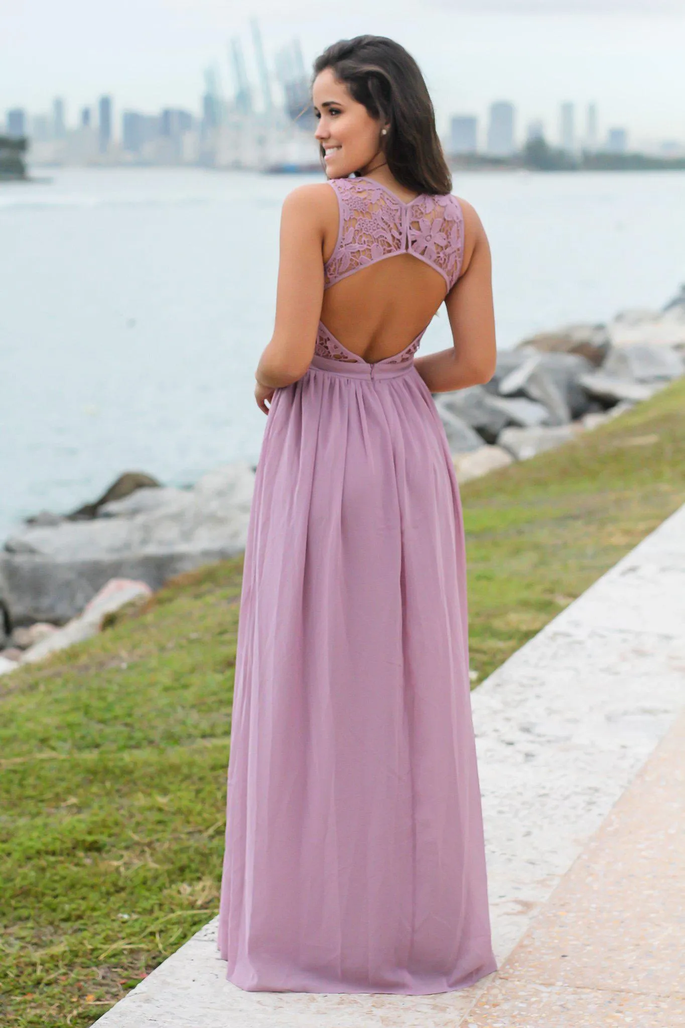 Mauve Crochet Maxi Dress with Open Back