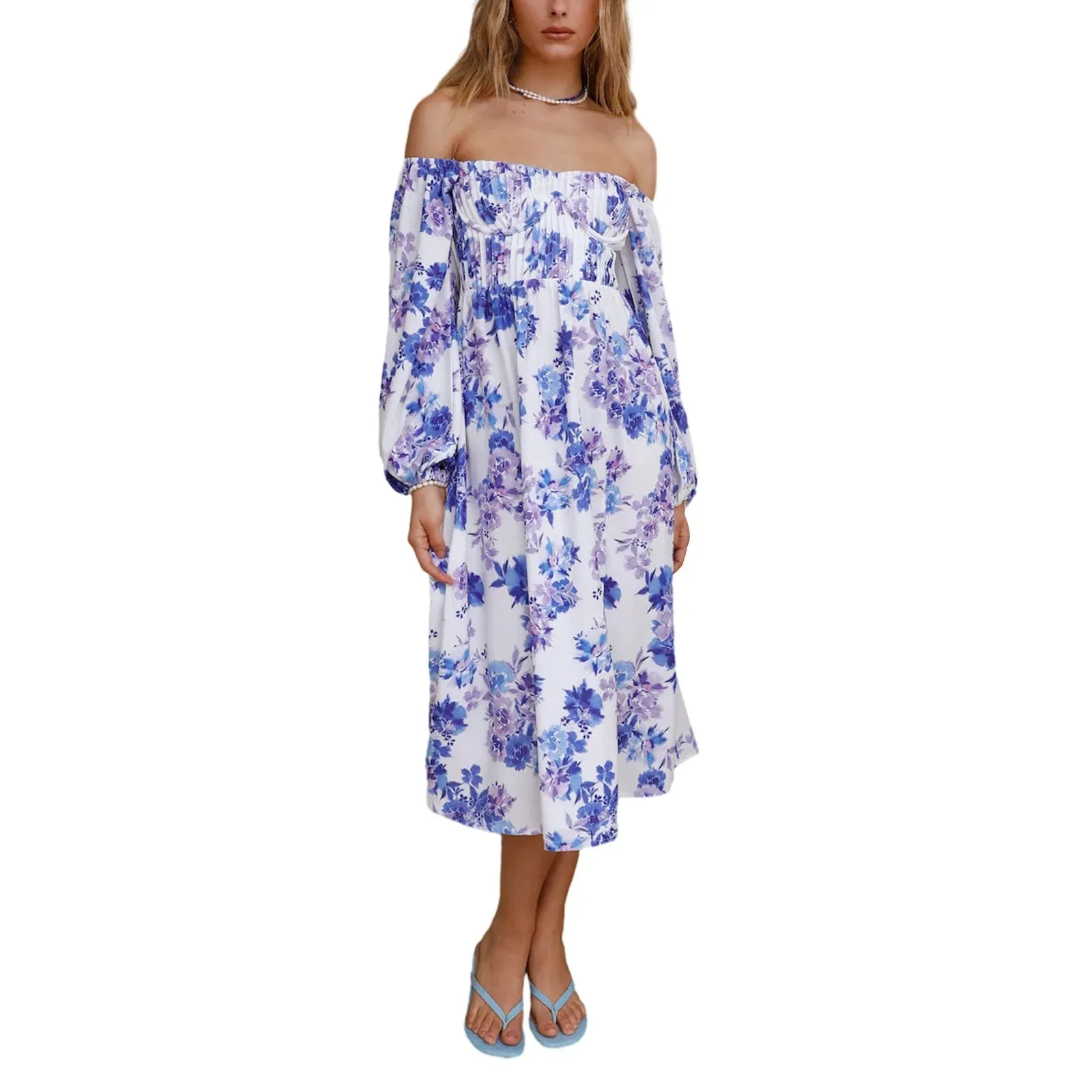 Midi A-Line Long Sleeve Square Neck Off Shoulder Split Flowy Spring Summer Vacation Maxi Elegant Dress