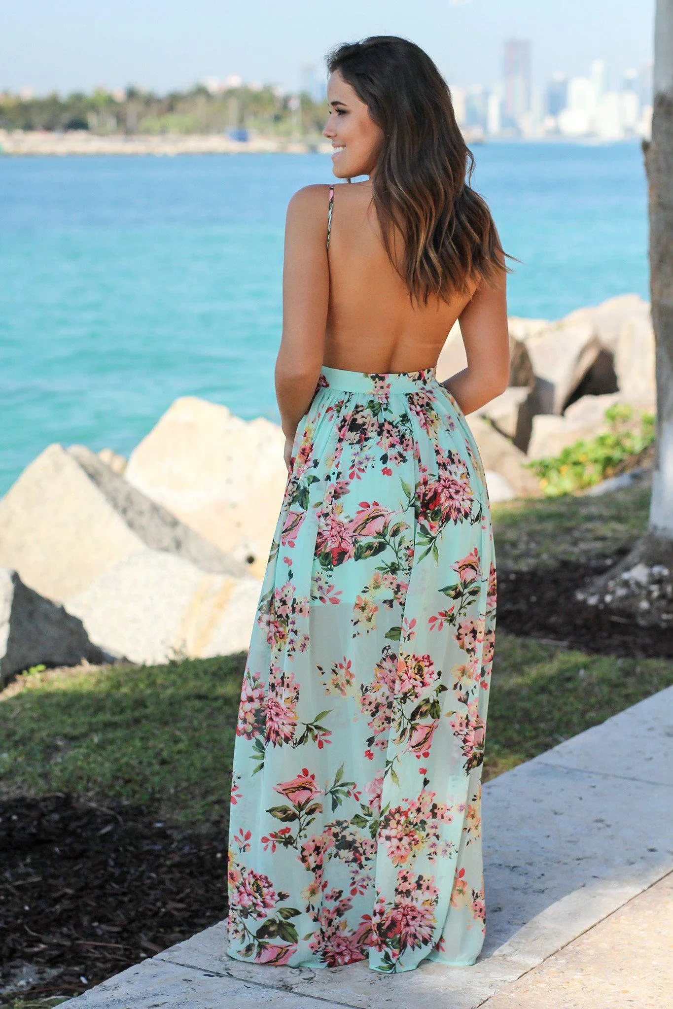 Mint Floral Maxi Dress with Open Back