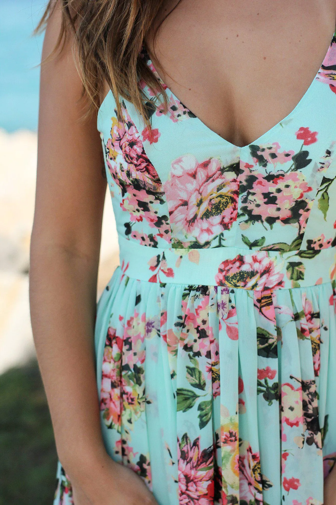 Mint Floral Maxi Dress with Open Back