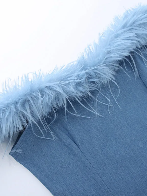 New one-shoulder fur-trimmed hip-hugging denim dress