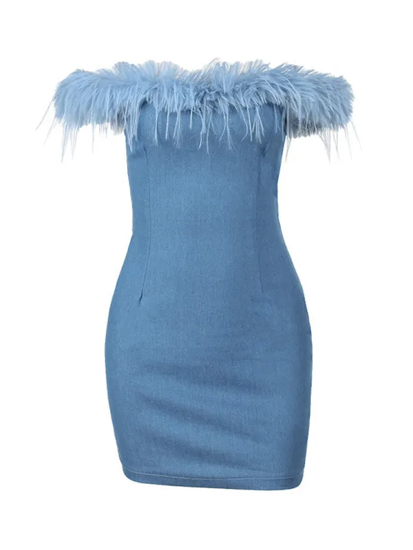 New one-shoulder fur-trimmed hip-hugging denim dress