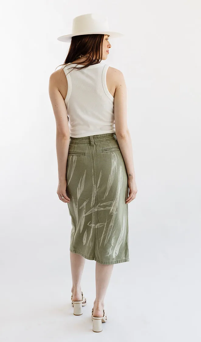 Olive Denim Midi Skirt with Distressing