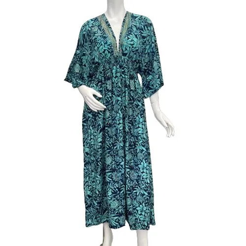 Paani Smocked Kaftan Maxi Dress - Teal, Navy Paisley