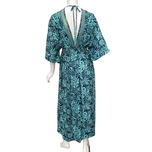 Paani Smocked Kaftan Maxi Dress - Teal, Navy Paisley