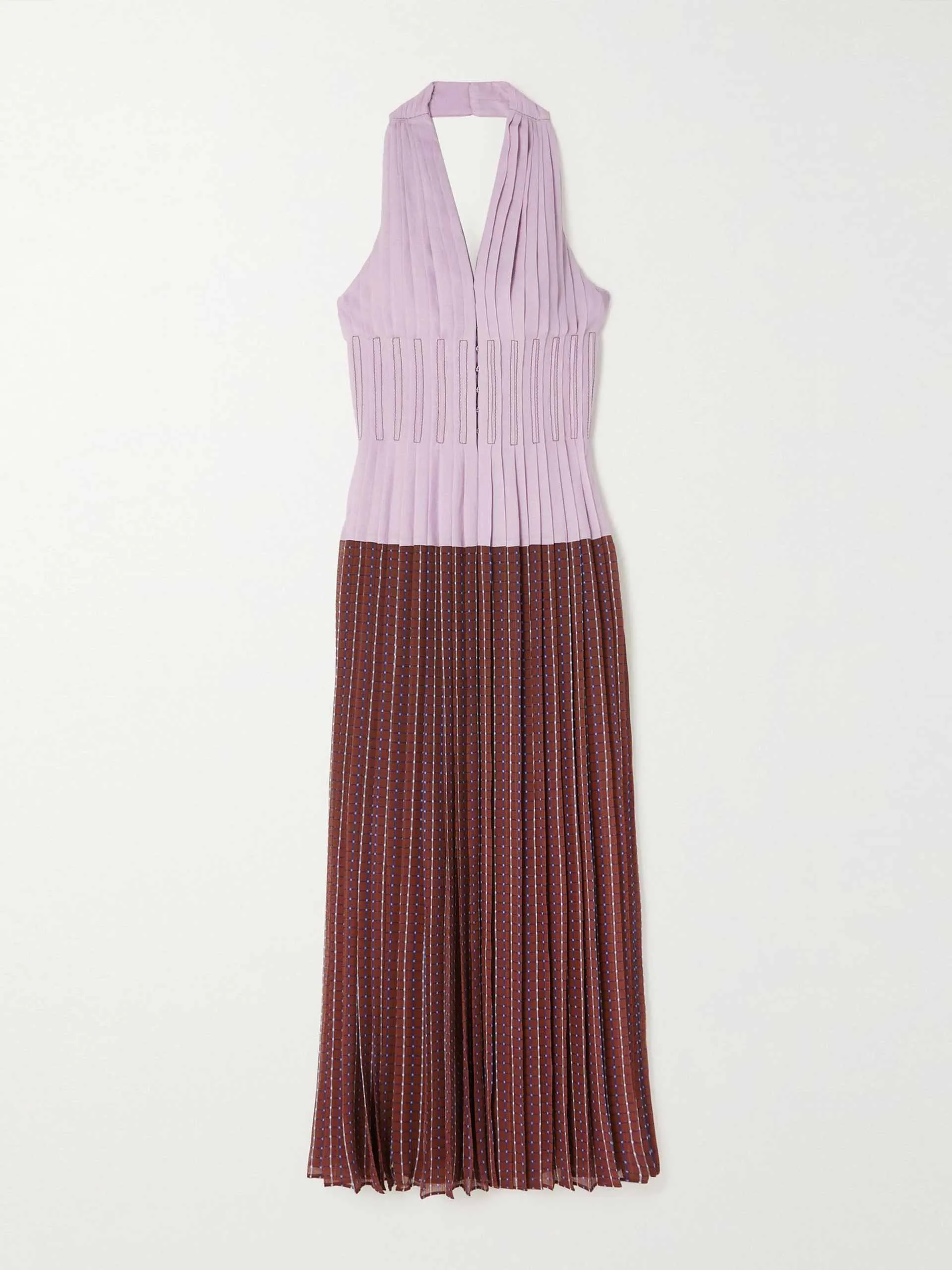 Paneled pleated voile halterneck midi dress