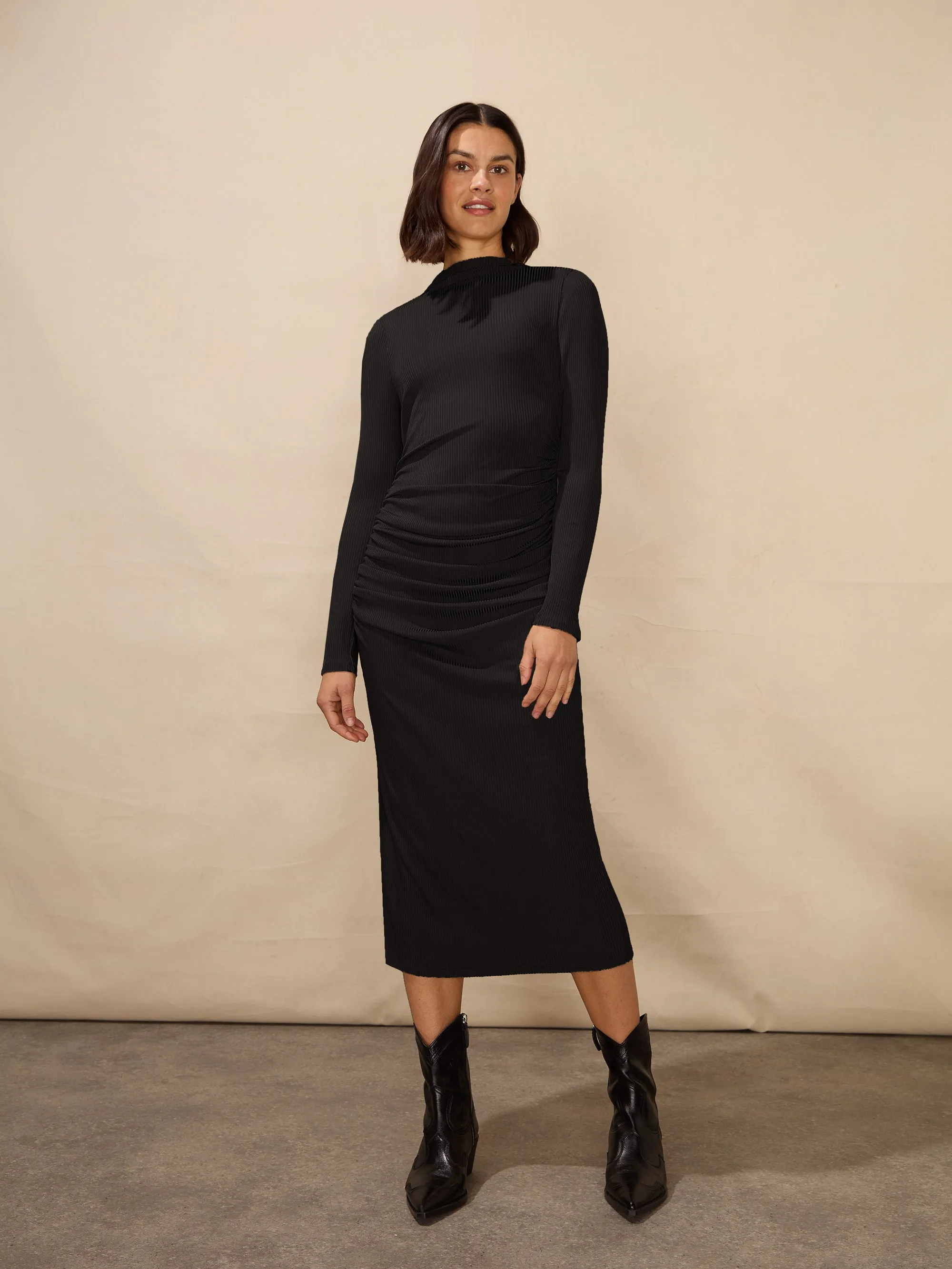 Petite Black Ribbed Jersey Gathered Dress