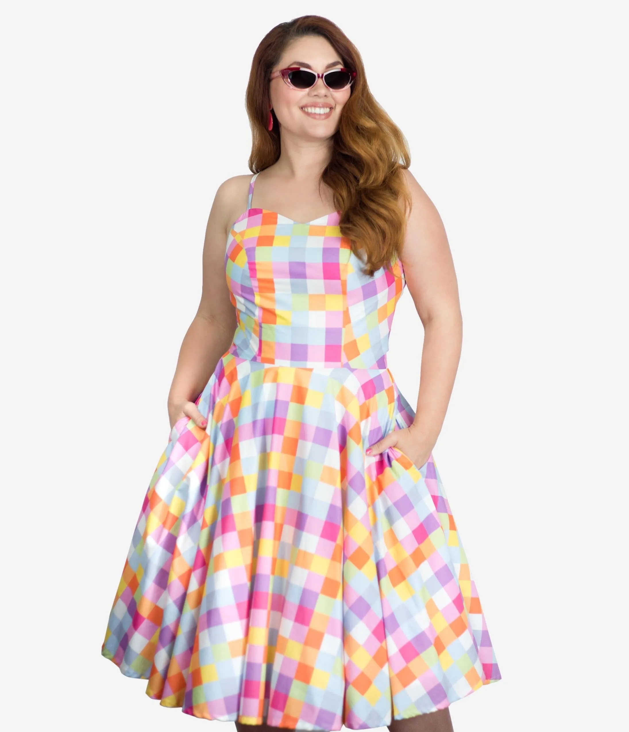 Plus Size Retro Style Multicolor Checkers Ray Swing Dress