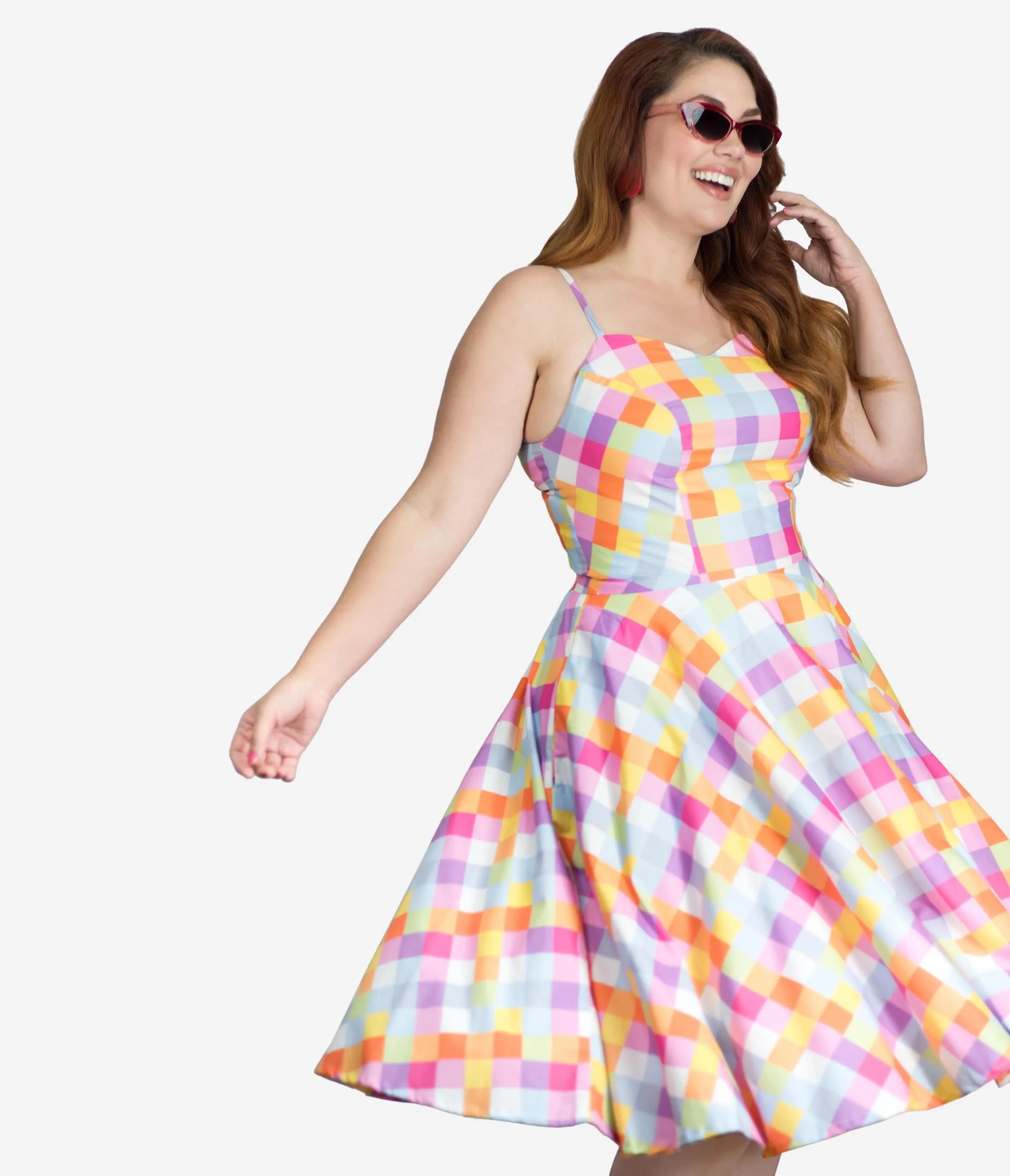 Plus Size Retro Style Multicolor Checkers Ray Swing Dress