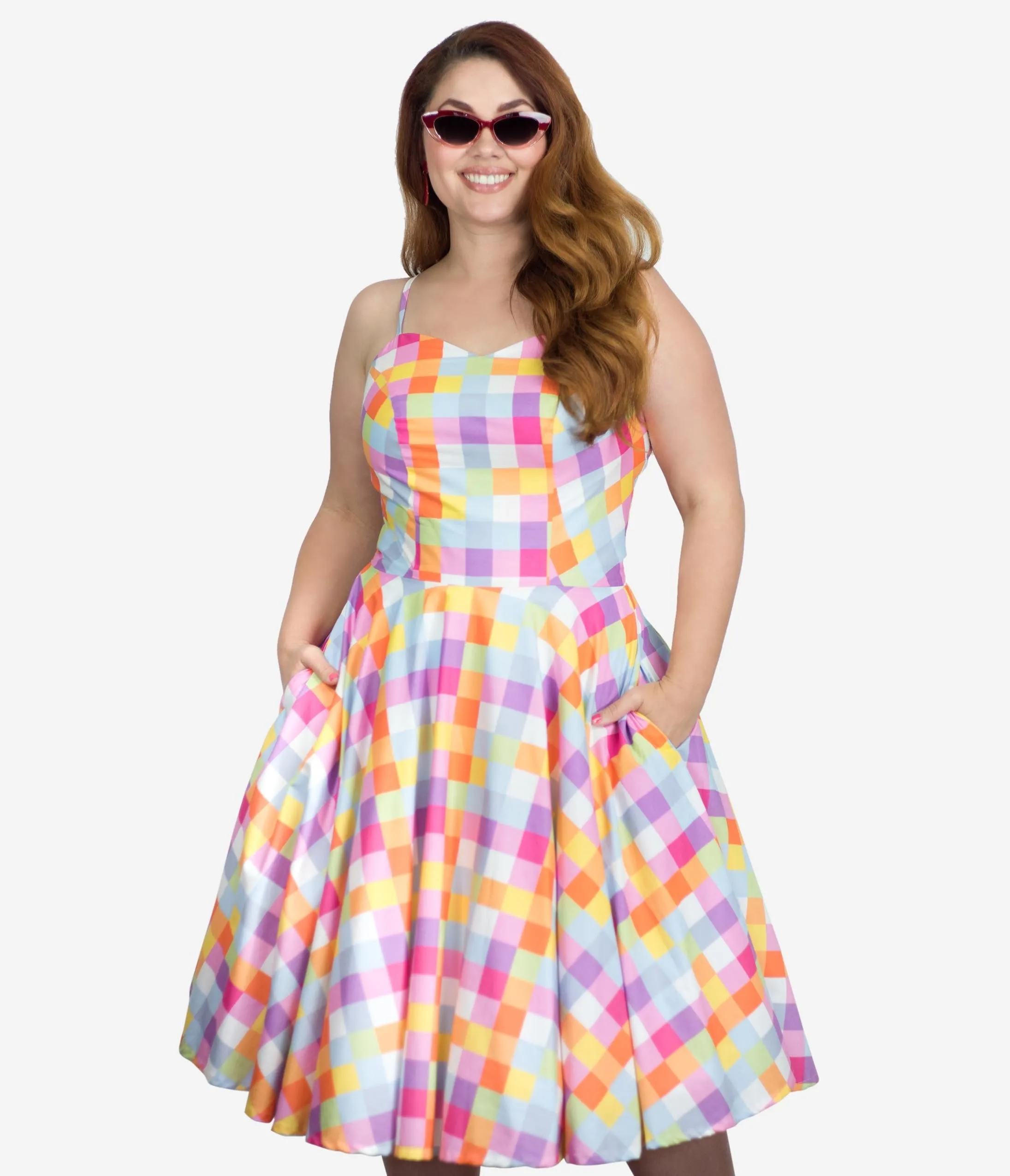 Plus Size Retro Style Multicolor Checkers Ray Swing Dress