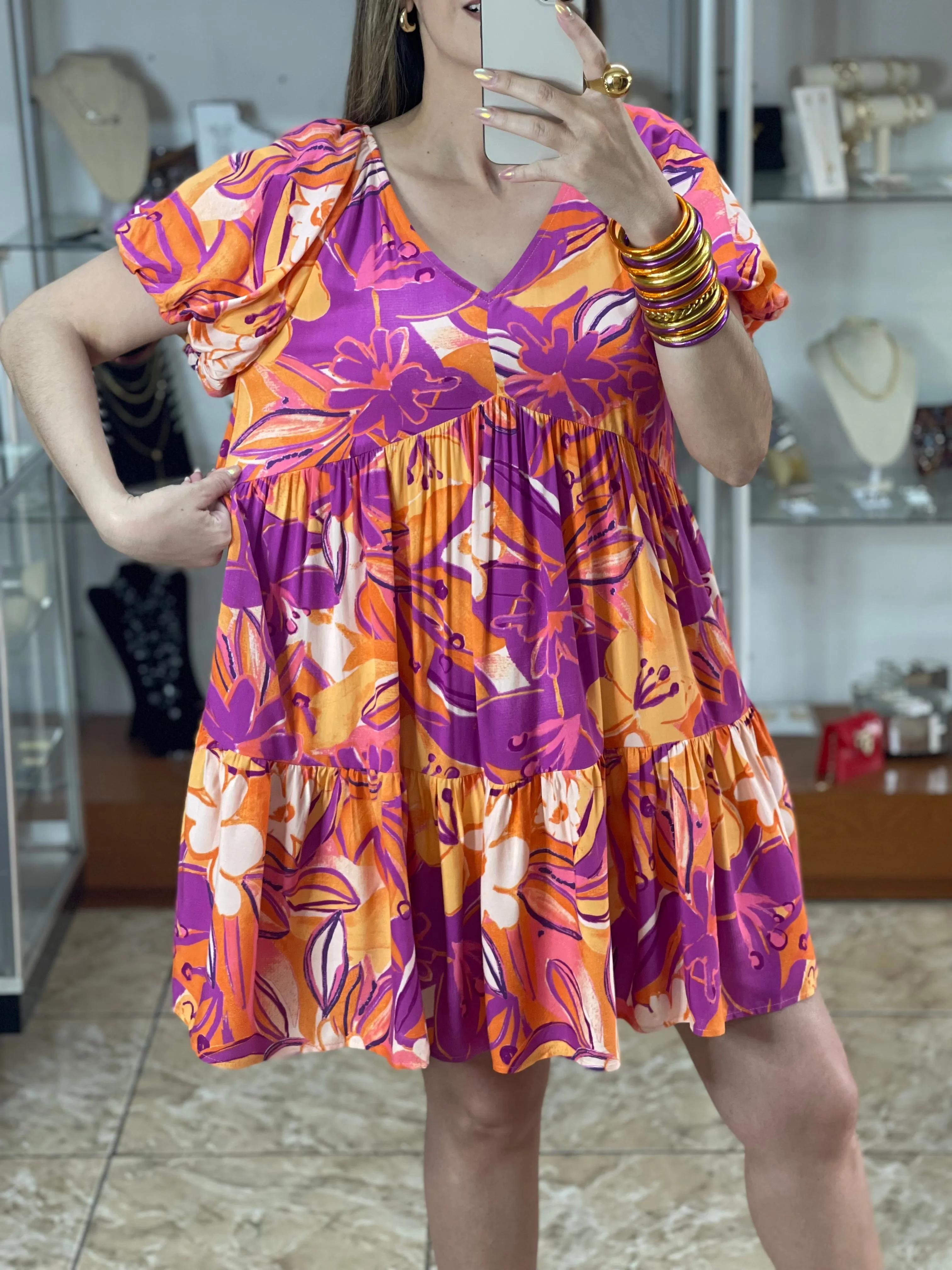 Purple/Orange Floral Print Dress