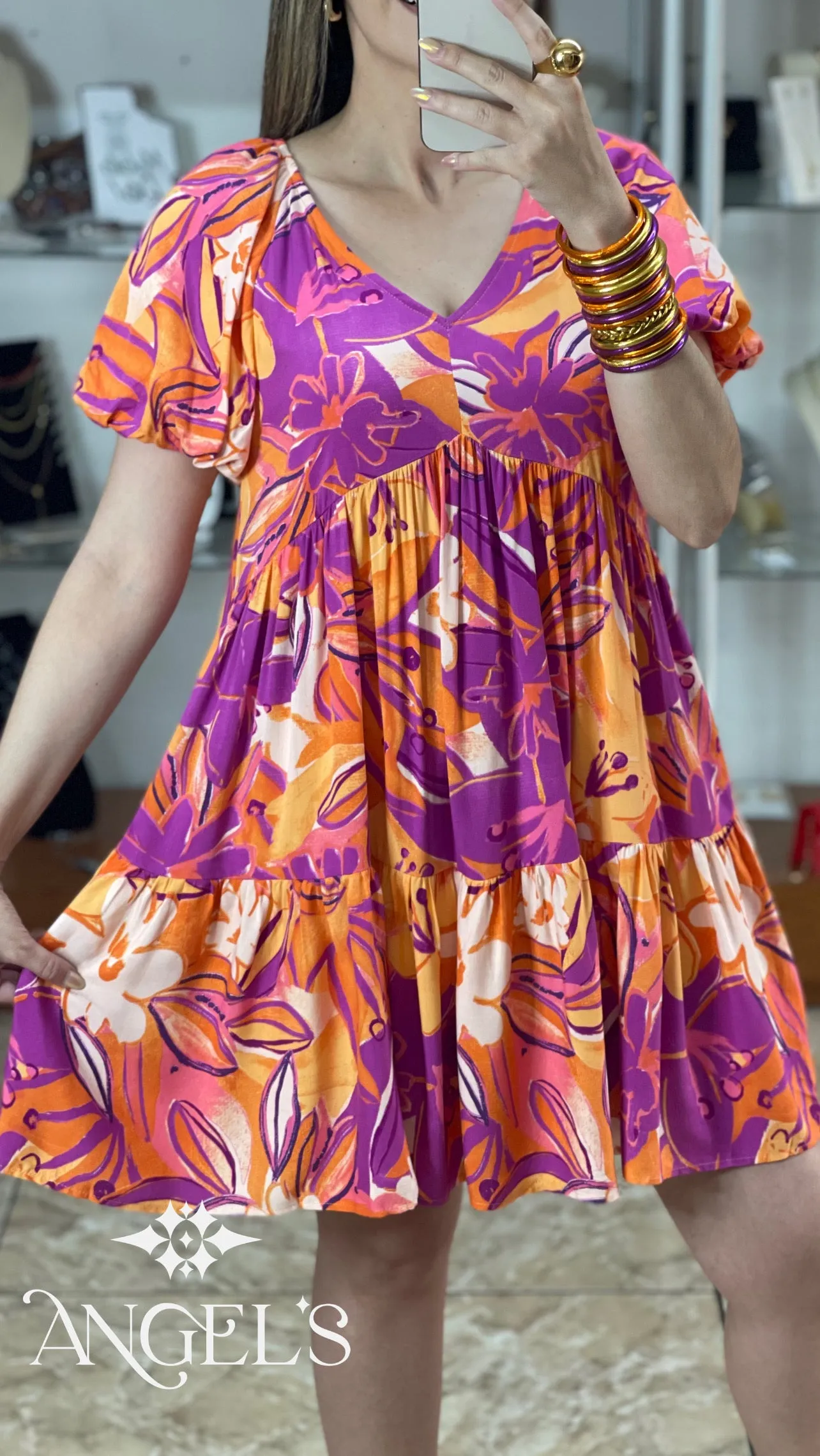 Purple/Orange Floral Print Dress