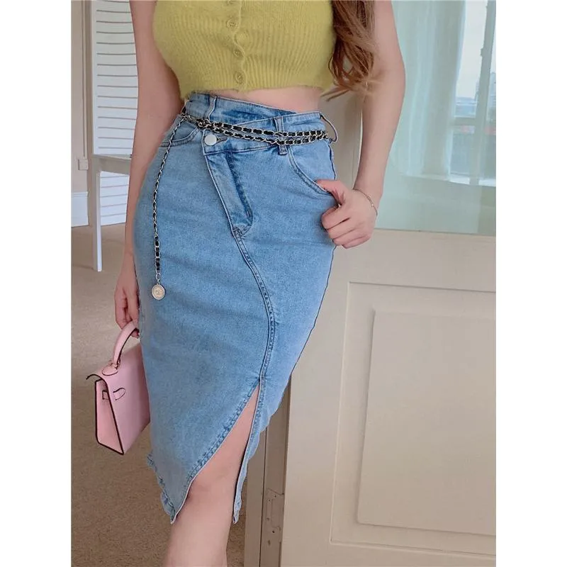 Retro Split Hem Midi Slimming Versatile High-Waisted Pencil Denim Skirt