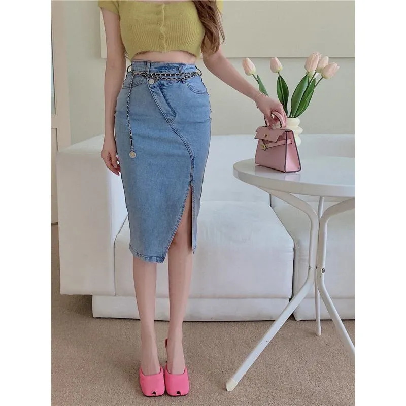 Retro Split Hem Midi Slimming Versatile High-Waisted Pencil Denim Skirt