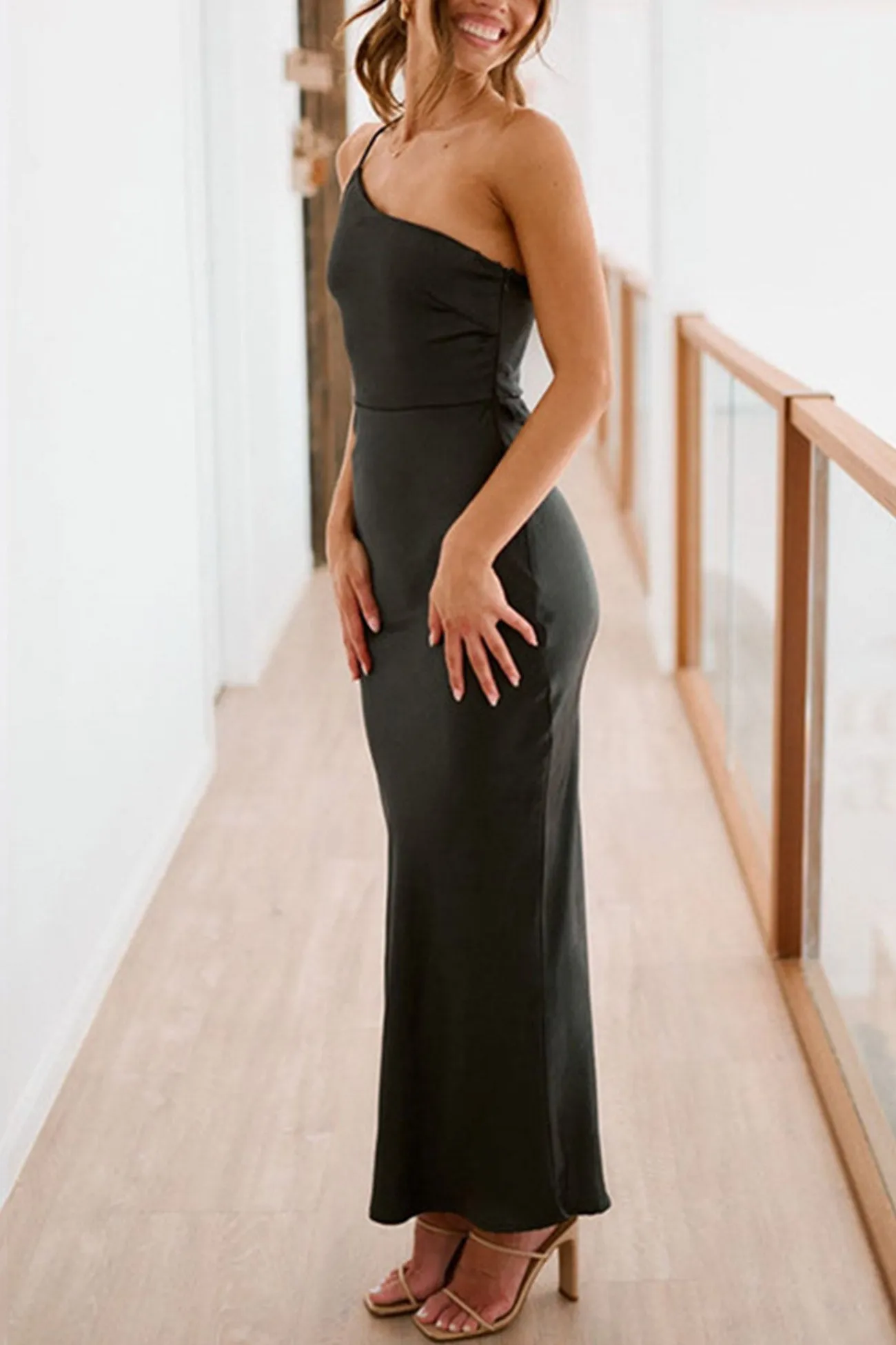 Satin One-shoulder Waisted Midi Dress