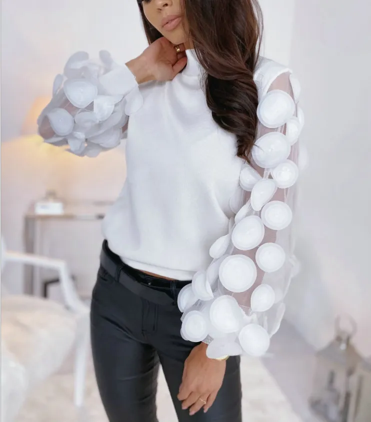 Sexy high neck mesh puff sleeve slim top