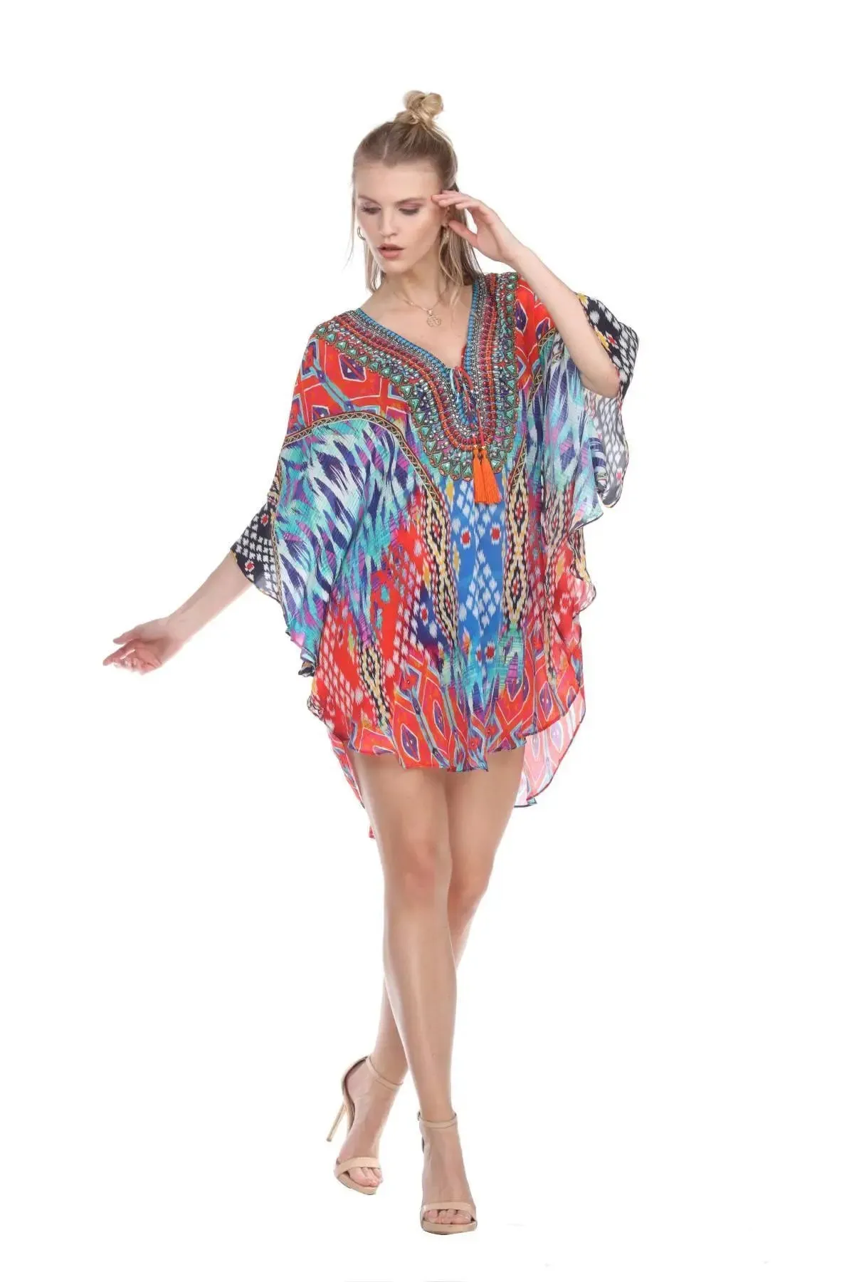 Short Balloon Kaftan Silk Beachwear