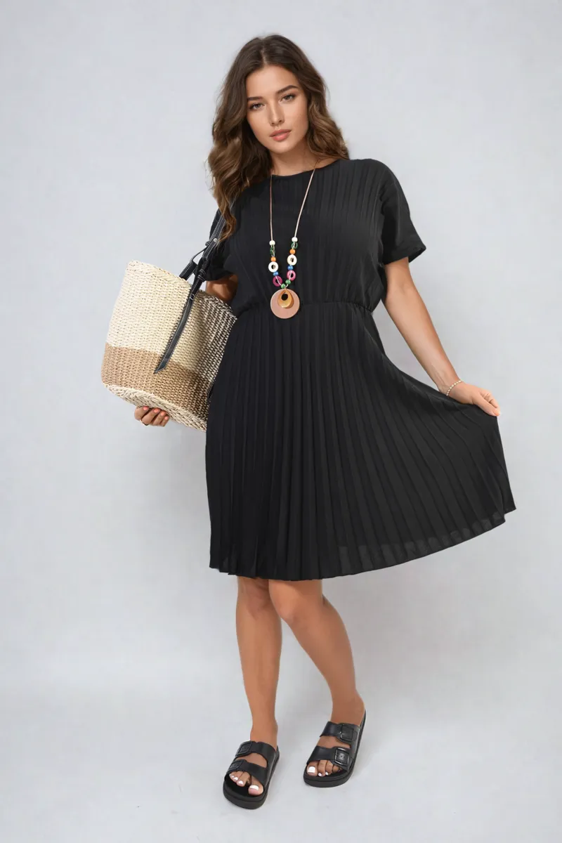 Short Sleeve Pleated Midi Dress