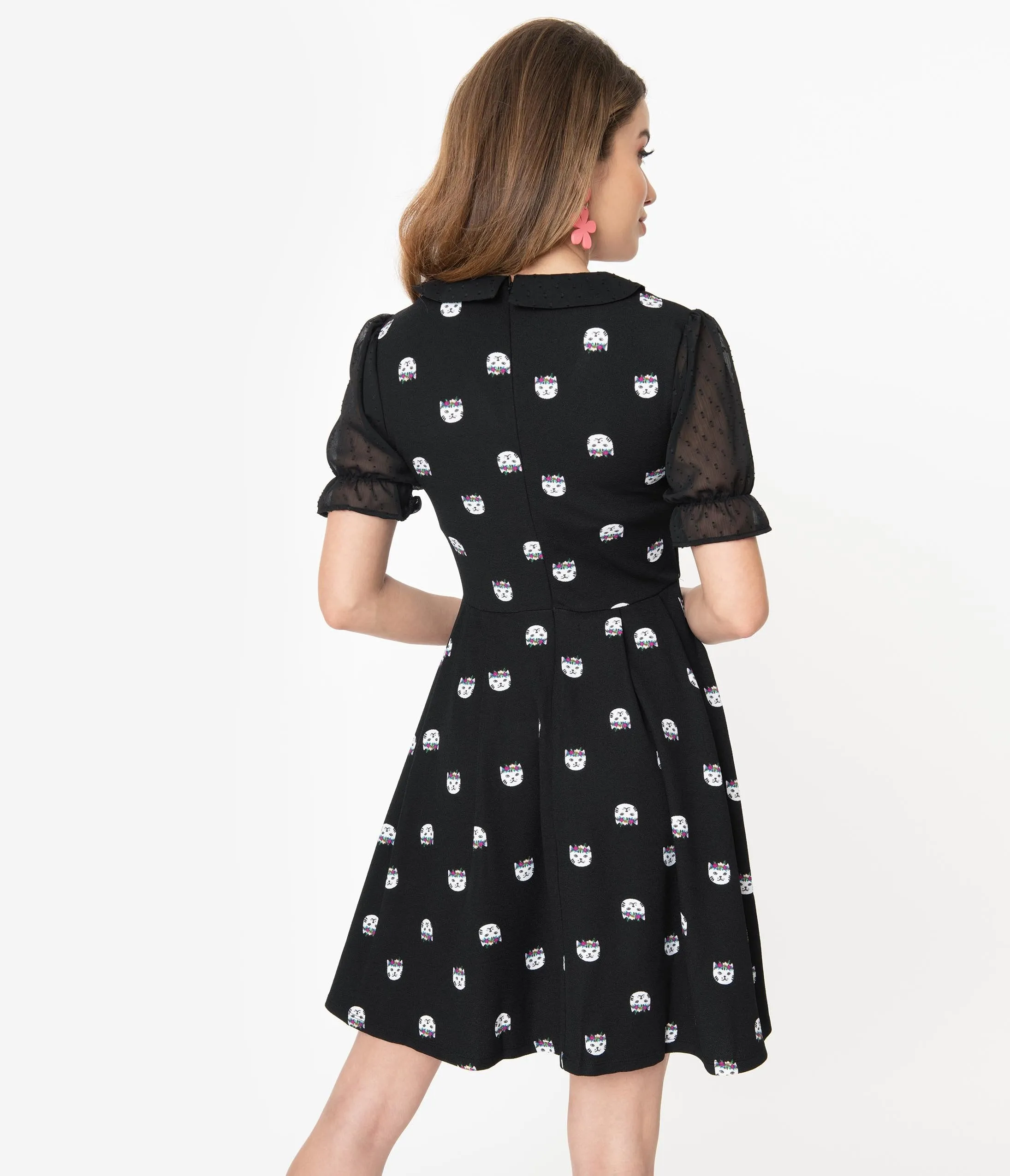 Smak Parlour Black Cat Print Ruffle Riot Fit & Flare Dress