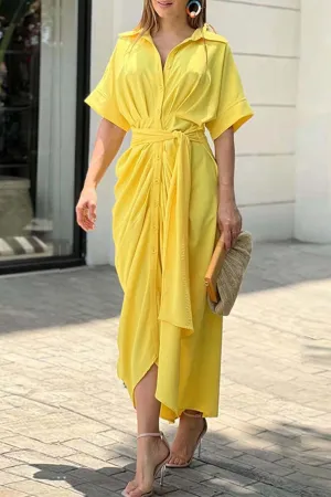 Solid Color Short Sleeve Tie-Front Shirt Dress