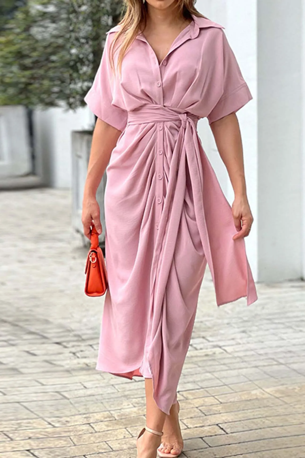 Solid Color Short Sleeve Tie-Front Shirt Dress