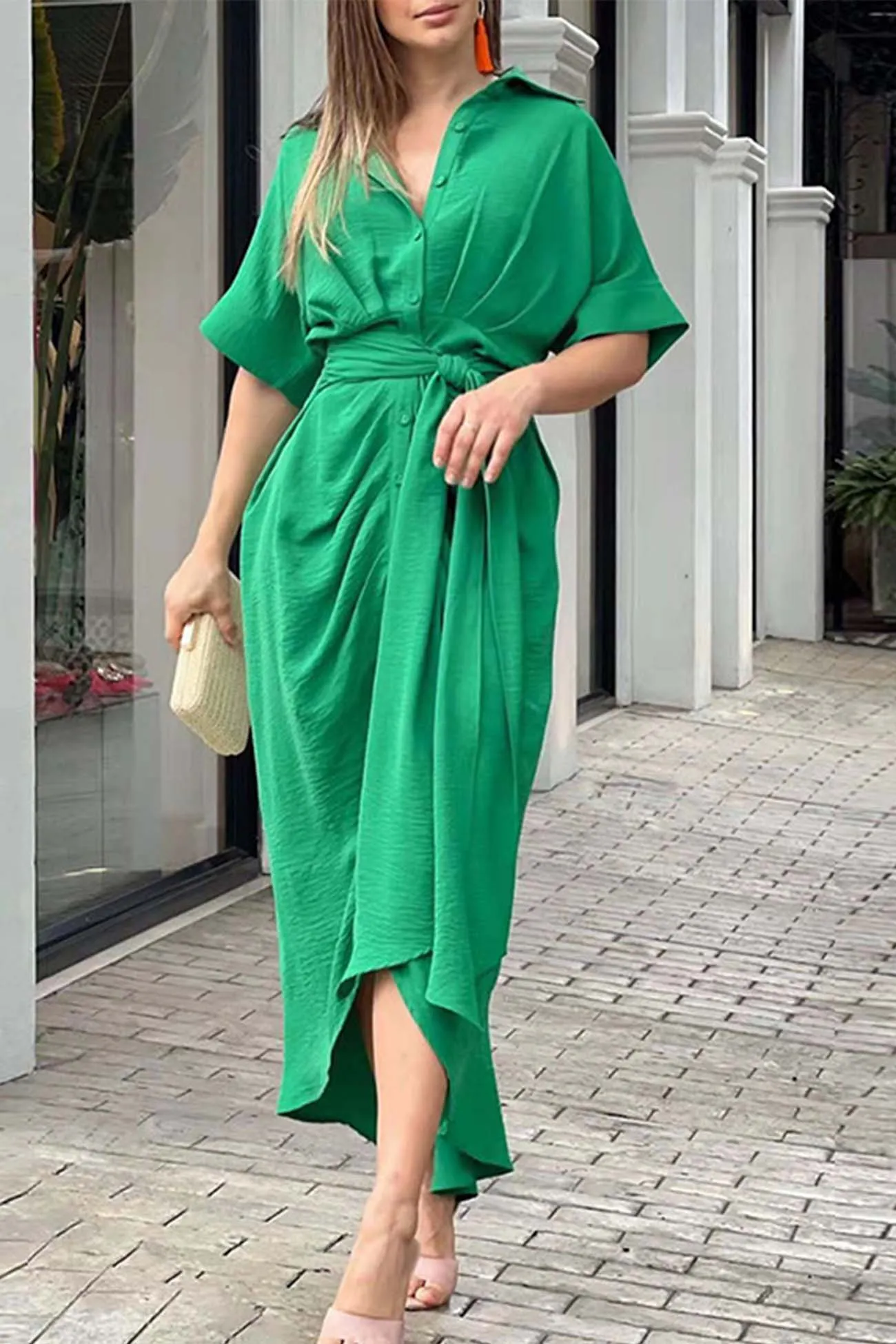 Solid Color Short Sleeve Tie-Front Shirt Dress