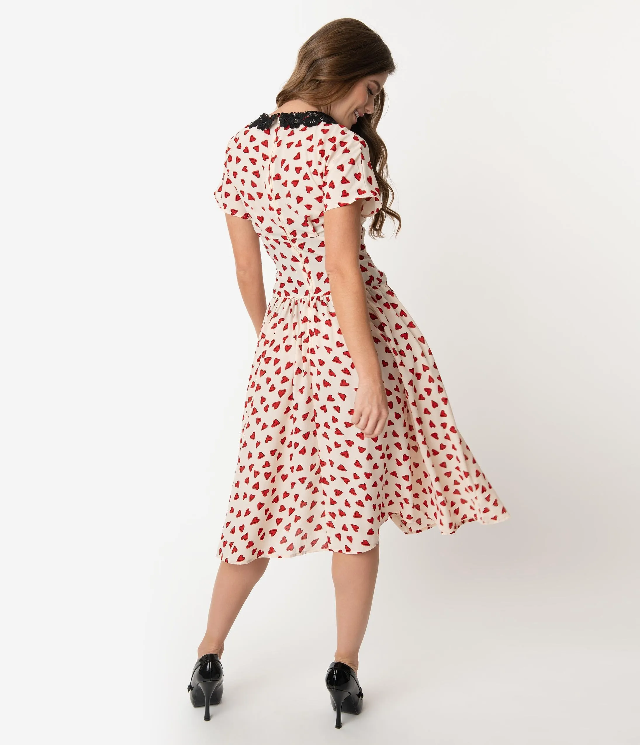 Unique Vintage 1940s Ivory & Red Heart Print Margie Dress