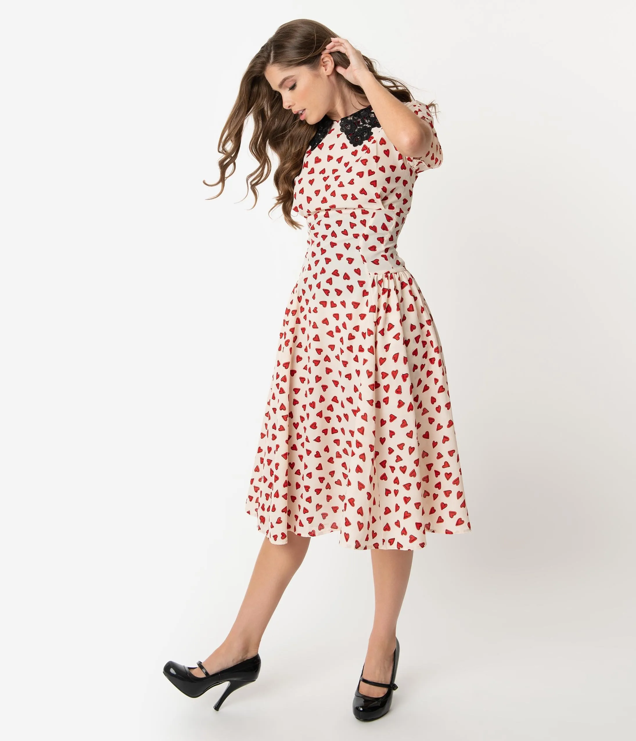 Unique Vintage 1940s Ivory & Red Heart Print Margie Dress