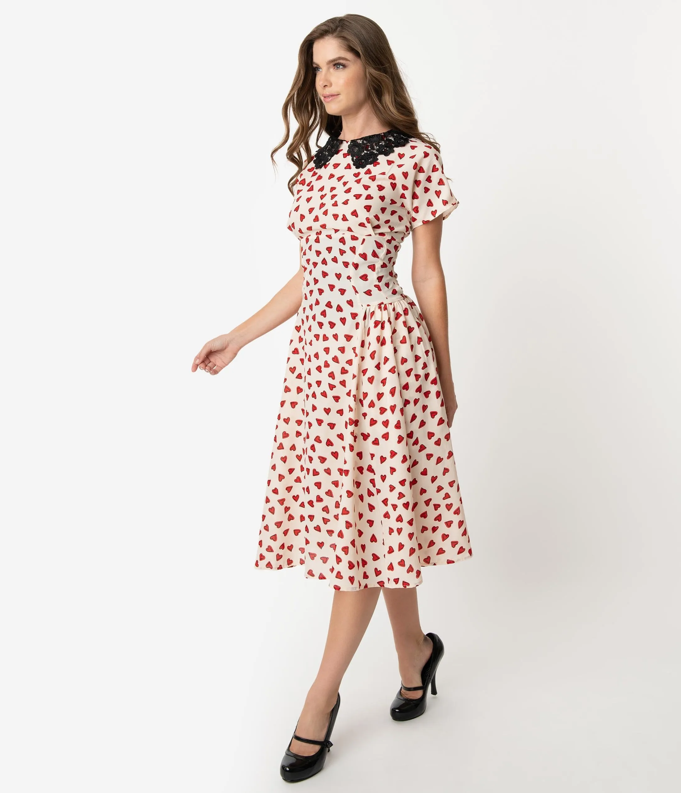 Unique Vintage 1940s Ivory & Red Heart Print Margie Dress