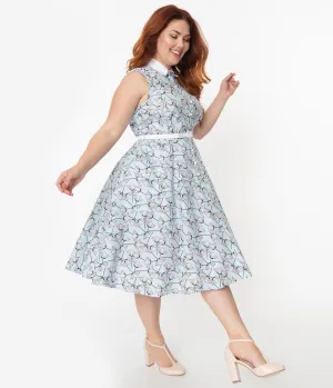 Unique Vintage Plus Size 1940s Light Blue & White Floral Sleeveless Darlene Dress