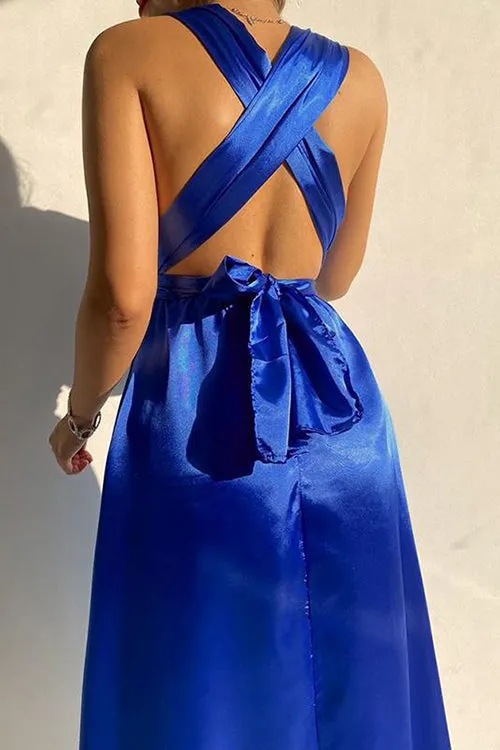 V Neck Cross Back Midi Dress