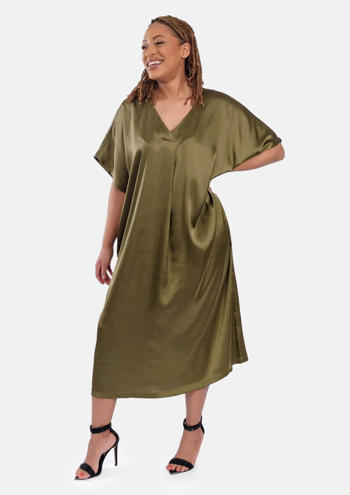 V-Neck Satin Midi Dress