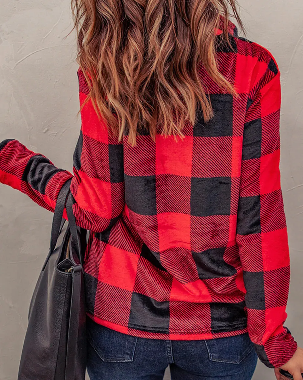 V-neck Zip Up Plaid Print Long Sleeve T-shirt