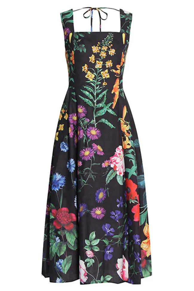 Vintage Beaded Floral Printed Sleeveless Beach Vacation Midi Dress - Black