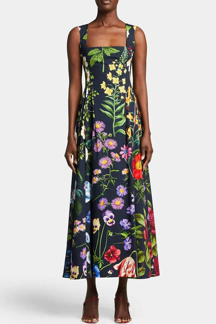 Vintage Beaded Floral Printed Sleeveless Beach Vacation Midi Dress - Black