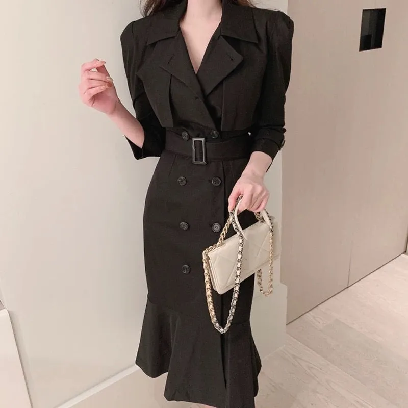 Vio Elegant Pleated Blazer Dress with Belt