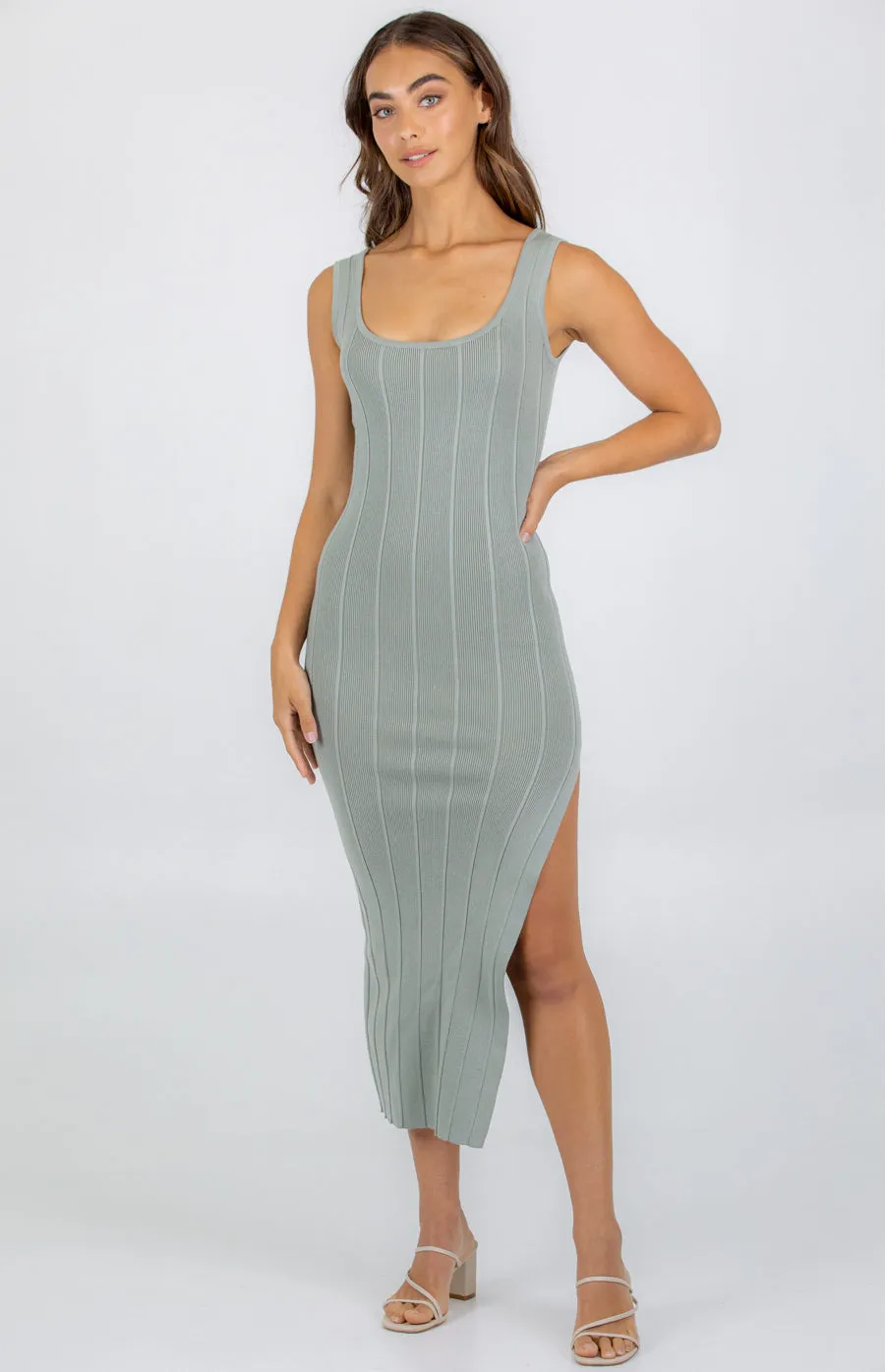 Wide Rib Textured Knit Dress with Side Split