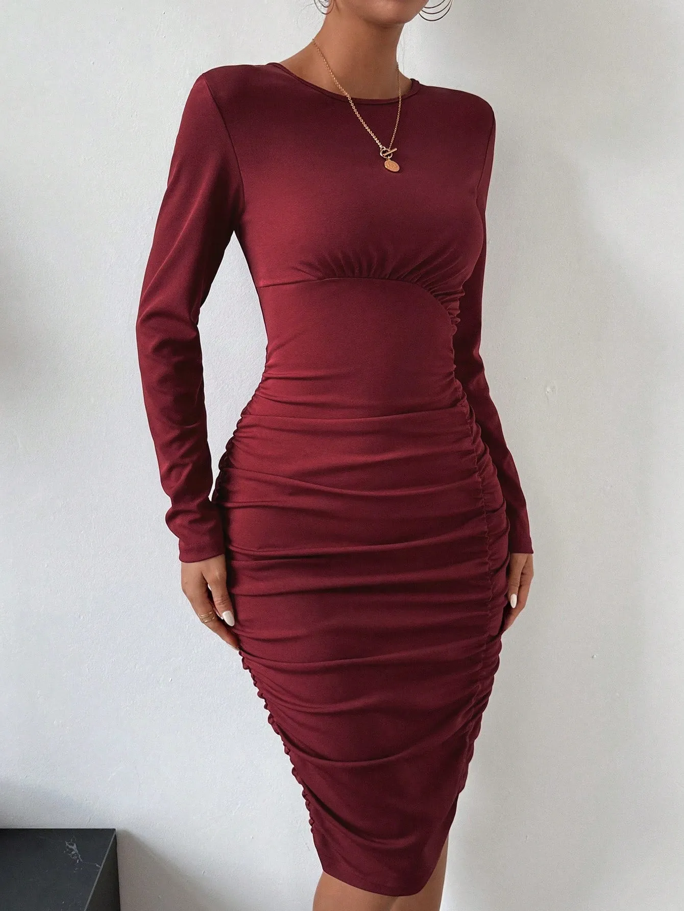 Women's Pleated Long Sleeve Slim Fit Dress